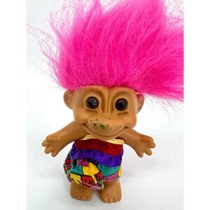 Vintage RUSS Lucky Troll Doll Rainbow Clothes Pink Hair Brown Eyes